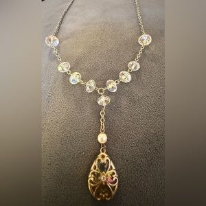 Crystal and Pearl Drop Necklace - Iridescent Clear